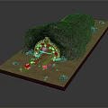 3D Cave Entrance Model With Railway Tracks And Rocks On Base Platform