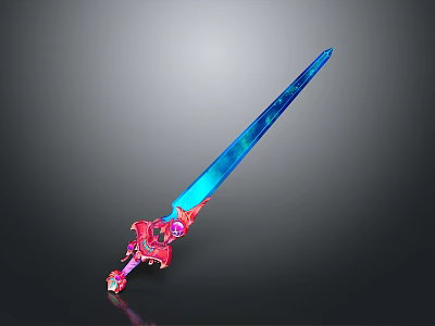 Fantasy Glowing Sword with Blue Blade Red Decorative Hilt Crystal Accents and Shiny Finish 3d model