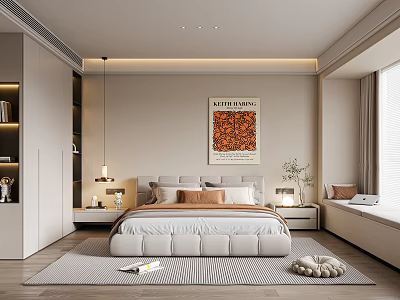 Modern Bedroom Interior With Bed Nightstands Artwork Rug And Window Seat 3d model