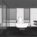 Modern Bathroom Interior With Glass Shower Marble Walls And Blue Freestanding Tub