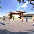 Traditional Chinese Entrance Gate In Open Square With People Walking And Green Trees