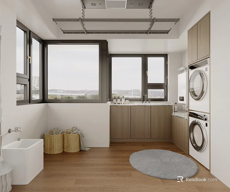 Modern Home Balcony with Washing Machine Dryer Wooden Cabinets Windows View Gray Rug and Sink 3d model 