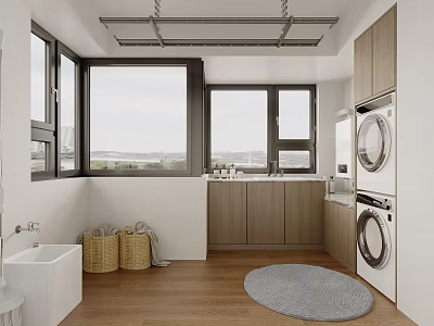 Modern Home Balcony with Washing Machine Dryer Wooden Cabinets Windows View Gray Rug and Sink 3d model