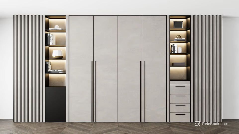 Modern Bookcase With Symmetric Open Shelves Lighting Grey Cabinet Doors And Decorative Items 3d model 