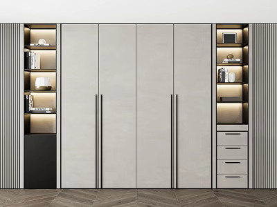 Modern Bookcase With Symmetric Open Shelves Lighting Grey Cabinet Doors And Decorative Items 3d model