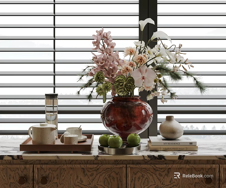 Elegant Decorative Ornament Combination With Floral Arrangement Teacups Apples And Books On Wooden Countertop 3d model 