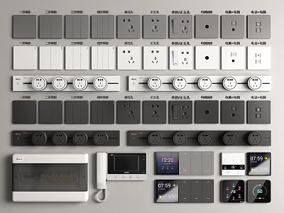 Modern Switch Panels In Gray And White With Sockets Knobs And Smart Control Features 3d model