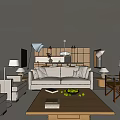 Modern Living And Dining Area Interior With Sofa Cushions Wooden Coffee Table And Pendant Light