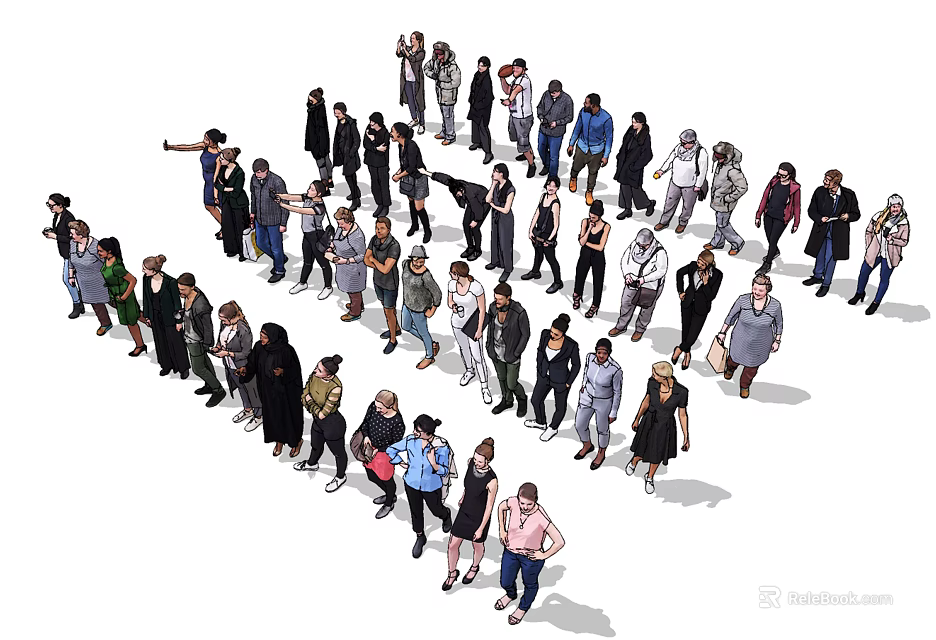 Diverse Group of People Standing Together in Various Poses and Different Outfits 3d model 