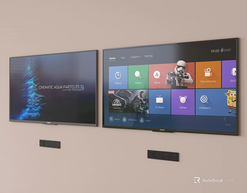 Two Smart TVs Mounted On Wall Displaying Apps And Entertainment Content 3d model