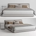 Modern Double Bed with Soft Pillows and Striped Bedspread and Nightstand 3d model