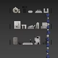 Books and Magazines on Dark Wall Shelves with Decorative Items Blue White Decor and Lighting