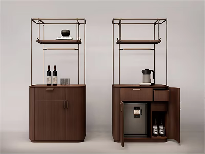 Modern Dark Brown Wooden Decorative Cabinets With Metal Frame Shelves Wine Bottles And Coffee Machine 3d model