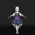 Game Character 3D Model With White Long Hair Traditional Blue Dark Costume Front Back View 3d model