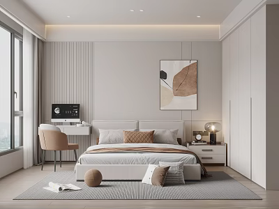 Modern Minimalist Bedroom Interior With Bed Nightstand Wardrobe Desk Chair And Wall Art 3d model