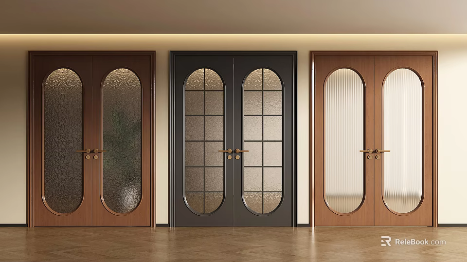 Stylish Double Doors With Various Glass Panel Designs And Wooden Frames For Modern Interior 3d model 