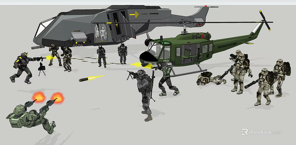 Military Transport Helicopters In Combat Scene With Armed Soldiers Weapons And Flames 3d model 
