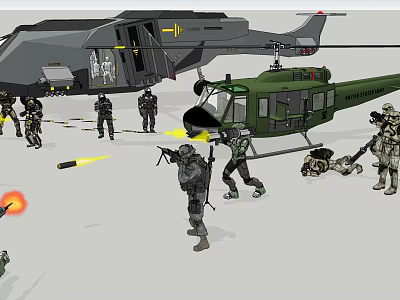 Military Transport Helicopters In Combat Scene With Armed Soldiers Weapons And Flames 3d model