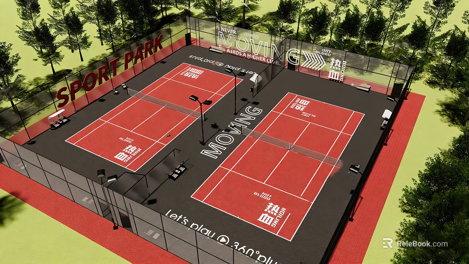 Red Basketball Court in Sport Park with Fenced Area and Surrounding Trees 3d model 