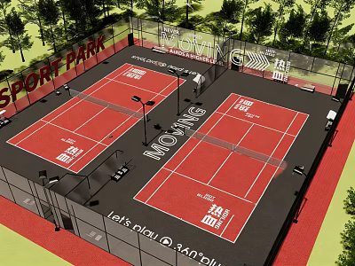 Red Basketball Court in Sport Park with Fenced Area and Surrounding Trees 3d model