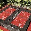 Red Basketball Court in Sport Park with Fenced Area and Surrounding Trees