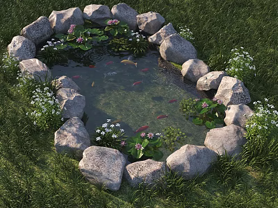 Circular Koi Pond With Stone Ring Water Lilies And White Flowers In Grass 3d model