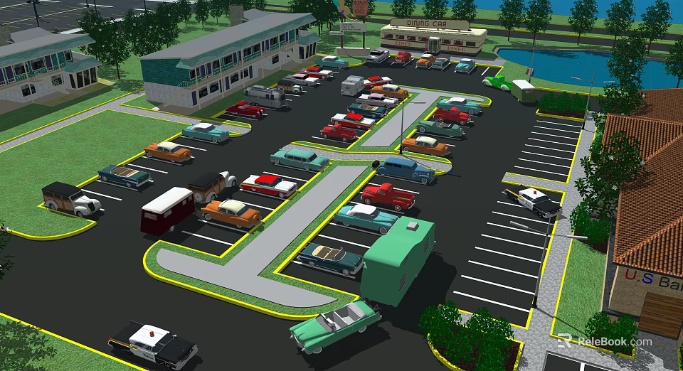 Busy Parking Lot With Parked Cars Near Buildings Trees And Pond 3d model 