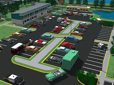 Busy Parking Lot With Parked Cars Near Buildings Trees And Pond 3d model