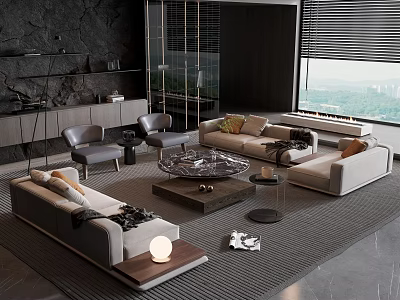 Modern Living Room Sofa And Coffee Table Set With Accent Chairs And Area Rug 3d model