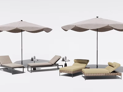 Comfortable Outdoor Chaise Lounge Chairs With Beige Sun Umbrellas And Wicker Frames For Patio Relaxation 3d model