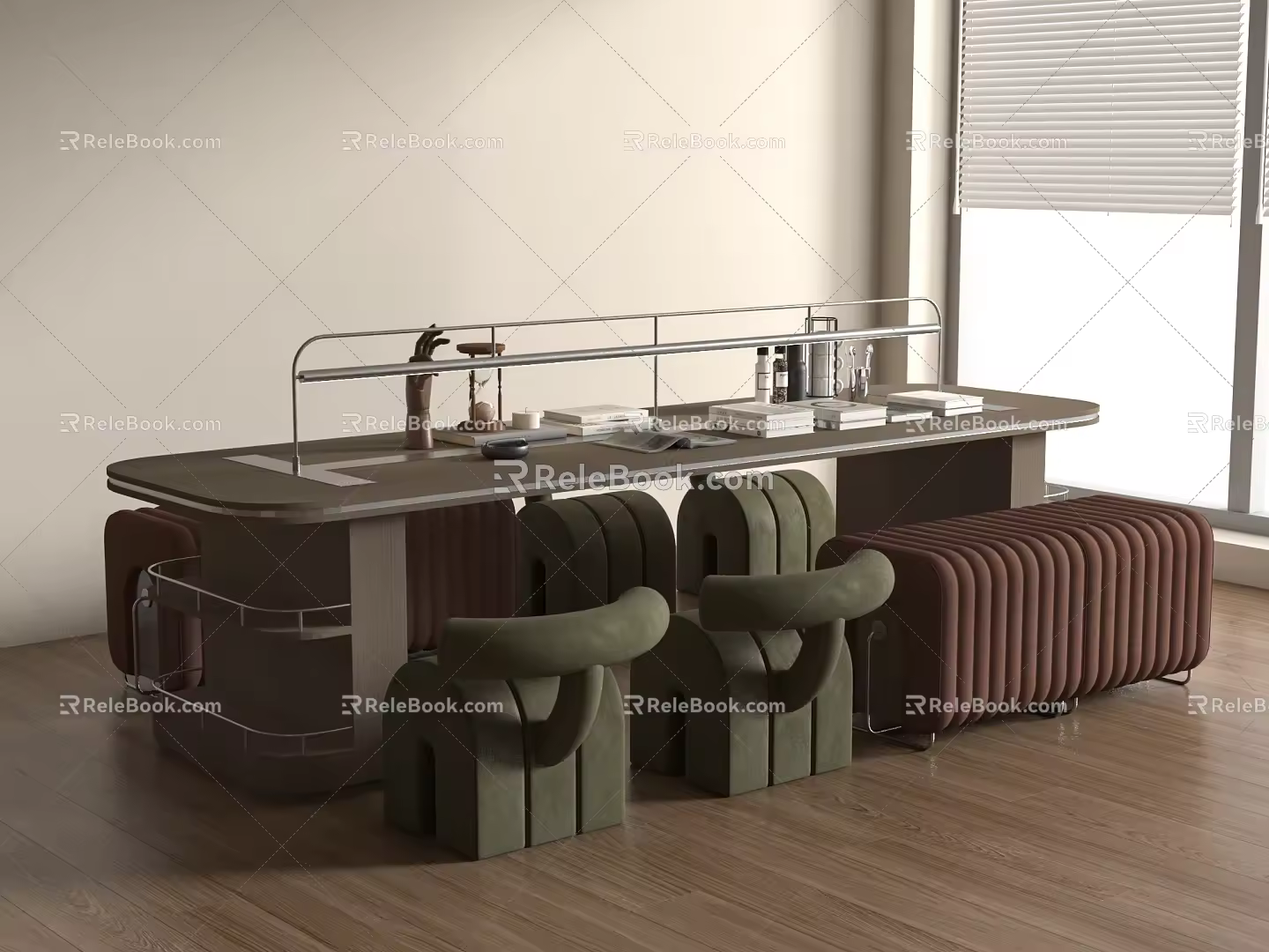 Modern Desk Handmade Workshop Table and Chair Long Strip 3d model
