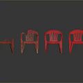 Set of Four Red Plastic Chairs With One Damaged On Reflective Dark Background