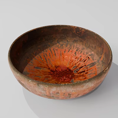 Unique Handcrafted Ceramic Bowl With Red Brown Splatter Patterns And Rustic Finish 3d model
