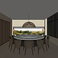 Private Dining Room Interior With Round Dining Table Woven Pendant Light And Scenic View 3d model
