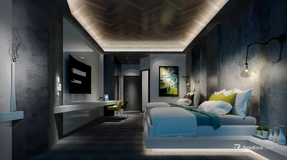 Hotel Guest Room Featuring Comfortable Bed Modern TV Work Desk and Decorative Painting 3d model 