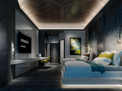 Hotel Guest Room Featuring Comfortable Bed Modern TV Work Desk and Decorative Painting 3d model