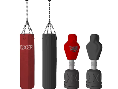Sports Equipment Including Hanging And Standing Punching Bags In Red And Black 3d model