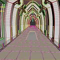 Cartoon Scene of Futuristic White Arched Corridor With Shiny Floor and Lighting
