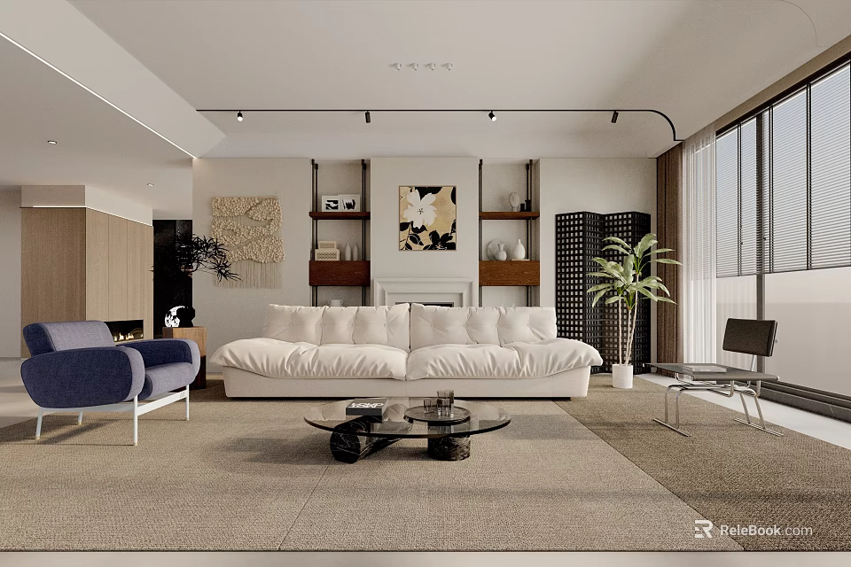 Modern Living Room Interior With White Sofa Blue Armchair Glass Coffee Table And Plant 3d model 
