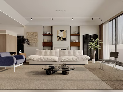 Modern Living Room Interior With White Sofa Blue Armchair Glass Coffee Table And Plant 3d model
