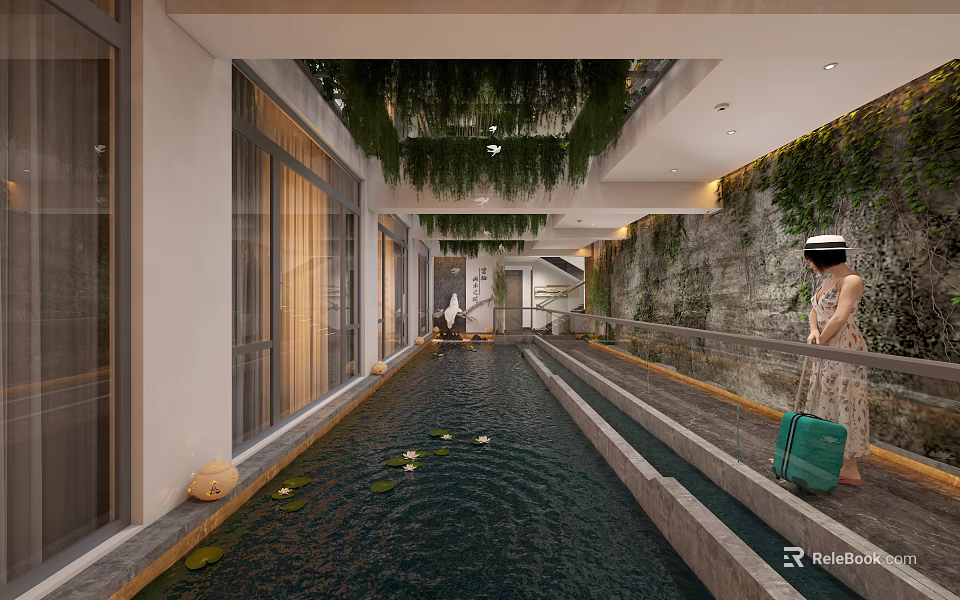 Elegant Hotel Corridor With Central Water Channel Green Plant Walls Hanging Plants And Ambient Lighting 3d model 