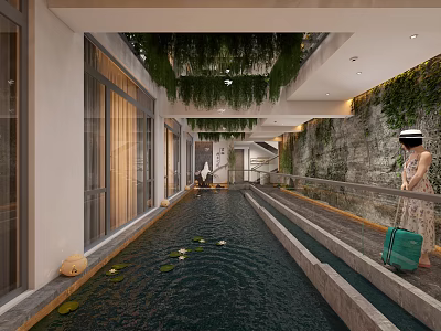 Elegant Hotel Corridor With Central Water Channel Green Plant Walls Hanging Plants And Ambient Lighting 3d model