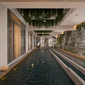 Elegant Hotel Corridor With Central Water Channel Green Plant Walls Hanging Plants And Ambient Lighting