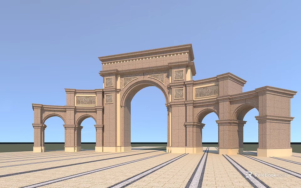 Classical Style Entrance Gate with Arched Structures and Ornate Stone Carvings 3d model 