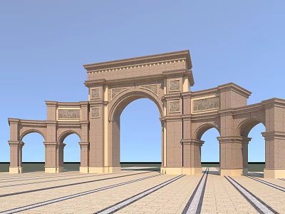 Classical Style Entrance Gate with Arched Structures and Ornate Stone Carvings 3d model