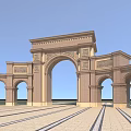 Classical Style Entrance Gate with Arched Structures and Ornate Stone Carvings