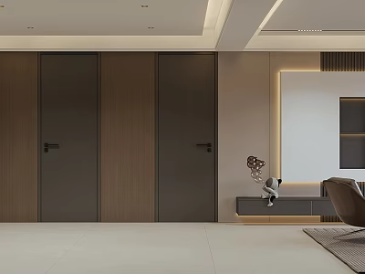 Modern Elegant Open Concept Dining and Living Room With Wooden Cabinets Sofa and TV Wall 3d model