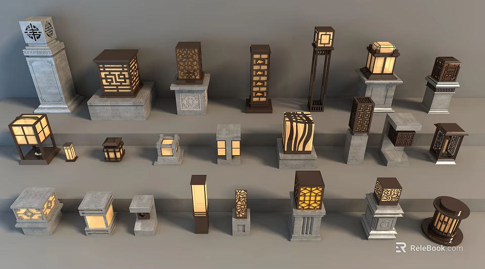 Diverse Outdoor Lights Featuring Square Column Shapes Decorative Patterns And Stone Bases With Lighting Effects 3d model