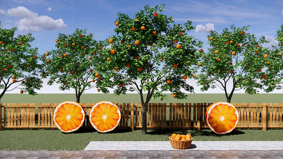 Flower Planters in Garden With Orange Trees Slice Decorations and Wooden Fence 3d model 