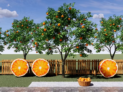 Flower Planters in Garden With Orange Trees Slice Decorations and Wooden Fence 3d model